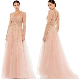 NWT Mac Duggal Pink Embellished V Neck Long Sleeve A Line Gown Size 8 #20295